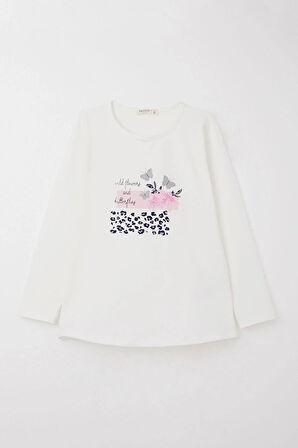 Breeze Kız Çocuk Taytlı Takım Çiçek & Simli Kelebek Baskılı 4-8 Yaş, Beyaz