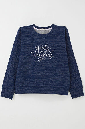 Breeze Kız Çocuk Sweatshirt Yazı Baskılı Yıldızlı 9-14 Yaş, Lacivert Melanj