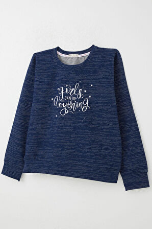 Breeze Kız Çocuk Sweatshirt Yazı Baskılı Yıldızlı 9-14 Yaş, Lacivert Melanj
