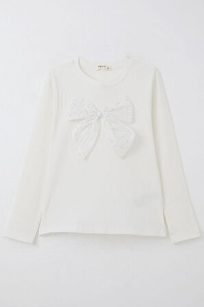 Breeze Kız Çocuk Uzun Kollu Tişört Taşlı Fiyonk Aksesuarlı 9-14 Yaş, Ekru