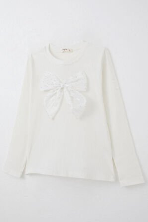 Breeze Kız Çocuk Uzun Kollu Tişört Taşlı Fiyonk Aksesuarlı 9-14 Yaş, Ekru