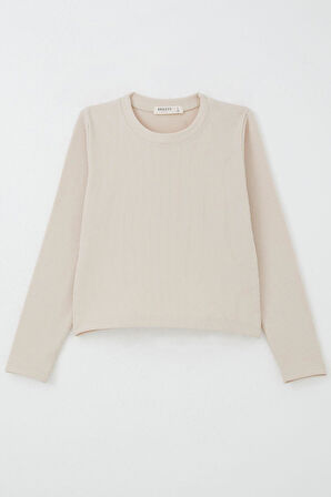 Breeze Kız Çocuk Uzun Kollu Tişört Kemer Boy Basic 8-14 Yaş, Bej