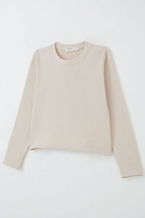 Breeze Kız Çocuk Uzun Kollu Tişört Kemer Boy Basic 8-14 Yaş, Bej