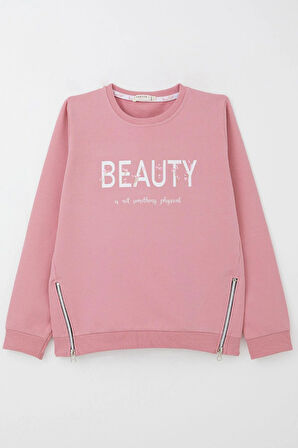 Breeze Kız Çocuk Sweatshirt Yazı Baskılı Kenarları Fermuar Detaylı 9-14 Yaş, Gülkurusu