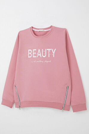 Breeze Kız Çocuk Sweatshirt Yazı Baskılı Kenarları Fermuar Detaylı 9-14 Yaş, Gülkurusu