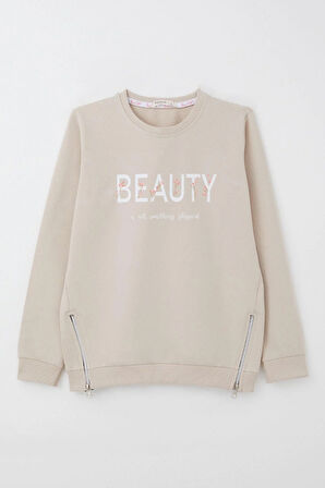 Breeze Kız Çocuk Sweatshirt Yazı Baskılı Kenarları Fermuar Detaylı 9-14 Yaş, Bej
