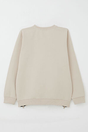 Breeze Kız Çocuk Sweatshirt Yazı Baskılı Kenarları Fermuar Detaylı 9-14 Yaş, Bej