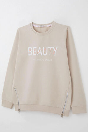 Breeze Kız Çocuk Sweatshirt Yazı Baskılı Kenarları Fermuar Detaylı 9-14 Yaş, Bej