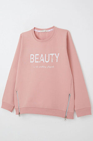 Breeze Kız Çocuk Sweatshirt Yazı Baskılı Kenarları Fermuar Detaylı 9-14 Yaş, Gülkurusu