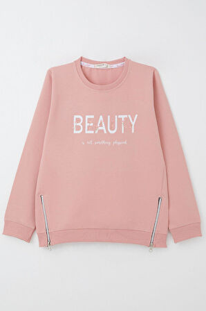 Breeze Kız Çocuk Sweatshirt Yazı Baskılı Kenarları Fermuar Detaylı 9-14 Yaş, Gülkurusu