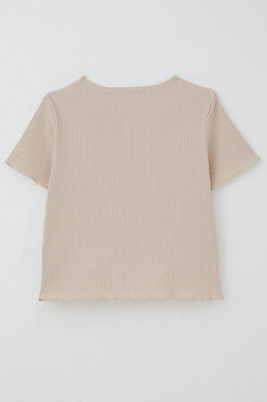 Breeze Kız Çocuk Tişört Tül Çiçek Armalı Boncuk Aksesuarlı Kemer Boy 8-14 Yaş, Bej