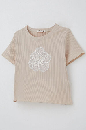 Breeze Kız Çocuk Tişört Tül Çiçek Armalı Boncuk Aksesuarlı Kemer Boy 8-14 Yaş, Bej