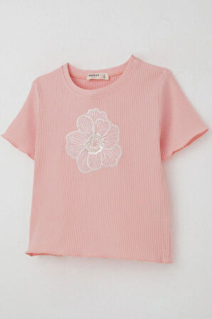 Breeze Kız Çocuk Tişört Tül Çiçek Armalı Boncuk Aksesuarlı Kemer Boy 8-14 Yaş, Pembe