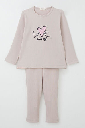 Kız Çocuk Taytlı Takım Sevgi Temalı Yazı Nakışlı 2-6 Yaş, Pudra