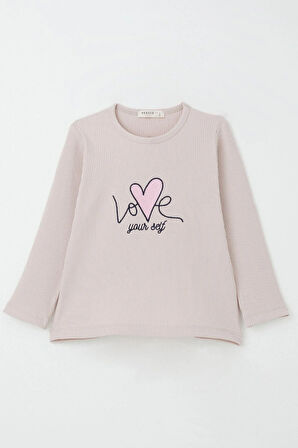 Kız Çocuk Taytlı Takım Sevgi Temalı Yazı Nakışlı 2-6 Yaş, Pudra