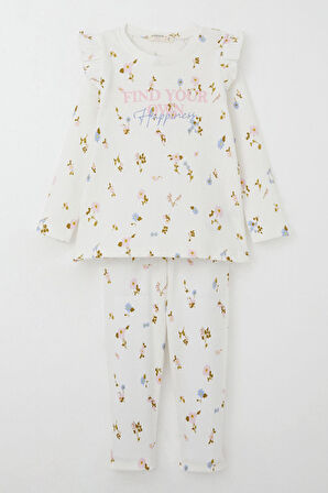 Breeze Kız Çocuk Taytlı Takım Renkli Çiçek Desenli Omuzu Fırfırlı 2-6 Yaş, Ekru