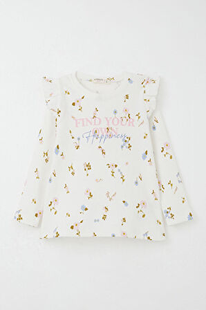 Breeze Kız Çocuk Taytlı Takım Renkli Çiçek Desenli Omuzu Fırfırlı 2-6 Yaş, Ekru