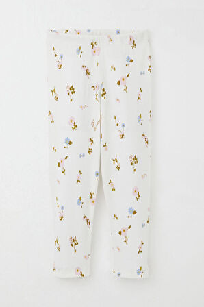 Breeze Kız Çocuk Taytlı Takım Renkli Çiçek Desenli Omuzu Fırfırlı 2-6 Yaş, Ekru