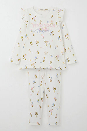 Breeze Kız Çocuk Taytlı Takım Renkli Çiçek Desenli Omuzu Fırfırlı 2-6 Yaş, Ekru