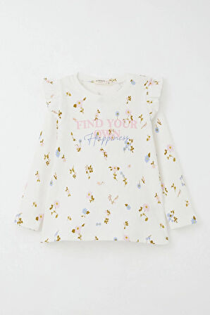 Breeze Kız Çocuk Taytlı Takım Renkli Çiçek Desenli Omuzu Fırfırlı 2-6 Yaş, Ekru