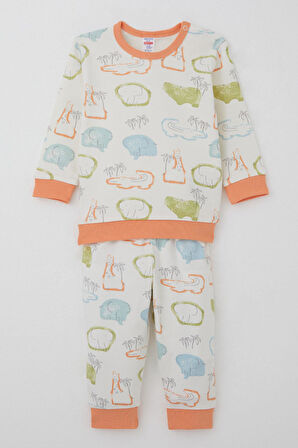 Breeze Erkek Bebek Pijama Takımı Omuzdan Patlı Safari Temalı Hayvancıklar Desenli 4 Ay-1 Yaş, Ekru