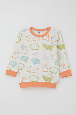 Breeze Erkek Bebek Pijama Takımı Omuzdan Patlı Safari Temalı Hayvancıklar Desenli 4 Ay-1 Yaş, Ekru