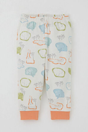 Breeze Erkek Bebek Pijama Takımı Omuzdan Patlı Safari Temalı Hayvancıklar Desenli 4 Ay-1 Yaş, Ekru