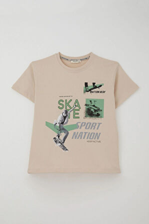 Breeze Erkek Çocuk  Şortlu Takım Havalı Kaykaycı Baskılı 8-14 Yaş, Bej