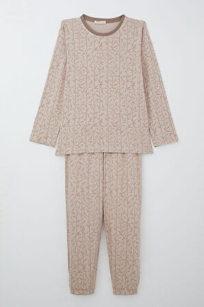 Breeze Kız Çocuk Pijama Takımı Bambu Çiçeği Desenli 9-12 Yaş, Bej