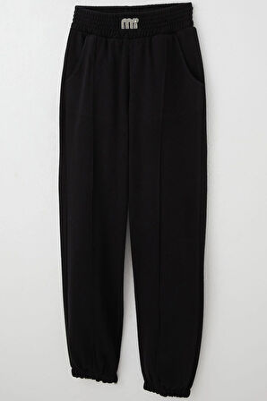 Breeze Kız Çocuk Eşofman Altı Bel Kısmı Arma Detaylı İncili 9-14 Yaş, Siyah