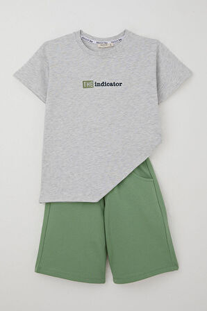 Breeze Erkek Çocuk Şortlu Takım Kabartma Yazı Baskılı 7-12 Yaş, Açık Gri Melanj