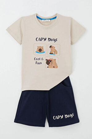 Breeze Erkek Çocuk Şortlu Takım En Havalı Sevimli Kemirgen Capybara Baskılı 1-4 Yaş, Bej