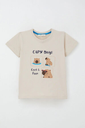 Breeze Erkek Çocuk Şortlu Takım En Havalı Sevimli Kemirgen Capybara Baskılı 1-4 Yaş, Bej