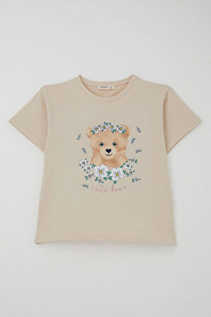 Breeze Kız Çocuk Taytlı Takım Çiçeklerin Kraliçesi Sevimli Ayıcık Baskılı 5-10 Yaş, Bej