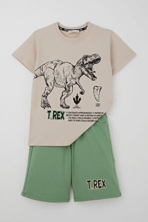 Breeze Erkek Çocuk Şortlu Takım Güçlü Dinozor Baskılı Kısa Kollar Büyük Güç 4-9 Yaş, Bej