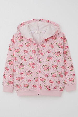 Breeze Kız Çocuk Hırka Çiçek Desenli Fermuarlı Kapüşonlu 1.5-5 Yaş, Pembe