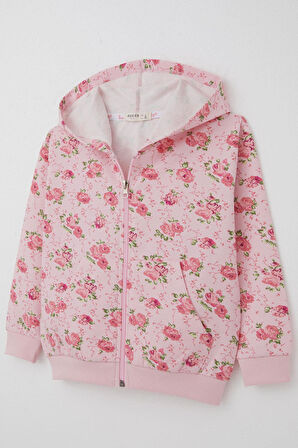 Breeze Kız Çocuk Hırka Çiçek Desenli Fermuarlı Kapüşonlu 1.5-5 Yaş, Pembe