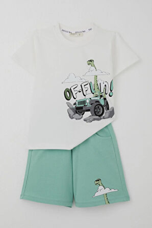 Breeze Erkek Çocuk Şortlu Takım Maceracı Dinozor Baskılı 2-6 Yaş, Beyaz