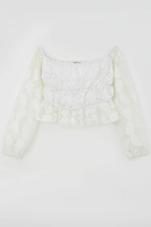 Breeze Kız Çocuk Uzun Kollu Dantelli Crop Bluz Yaprak Desenli 9-14 Yaş, Beyaz