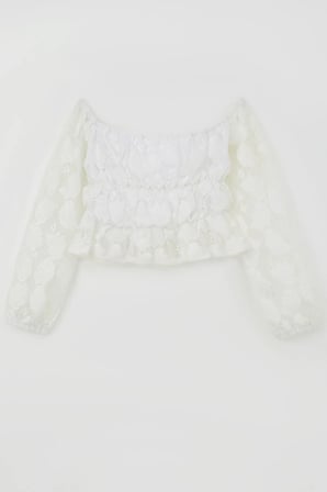 Breeze Kız Çocuk Uzun Kollu Dantelli Crop Bluz Yaprak Desenli 9-14 Yaş, Beyaz