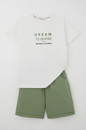 Breeze Erkek Çocuk Şortlu Takım Kabartma Yazı Baskılı 5-10 Yaş, Ekru