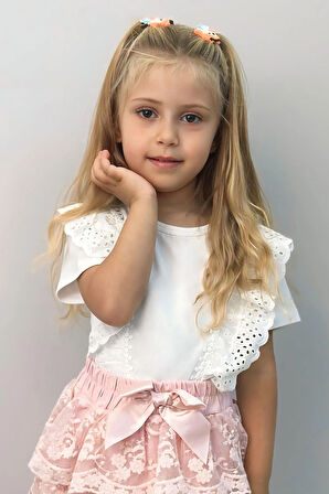 Breeze Kız Çocuk Tişört Güpürlü Çiçekleri Nakışlı 1.5-5 Yaş, Beyaz