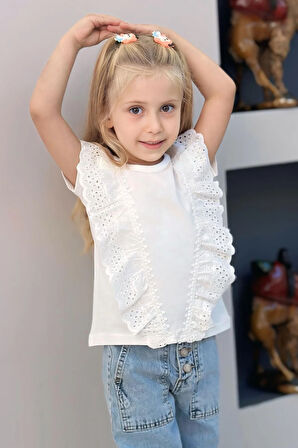 Breeze Kız Çocuk Tişört Güpürlü Çiçekleri Nakışlı 1.5-5 Yaş, Beyaz