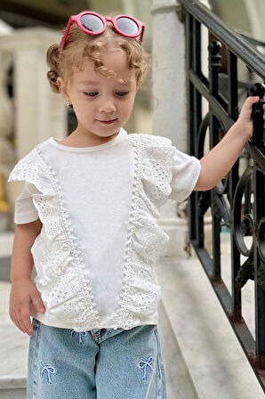 Breeze Kız Çocuk Tişört Güpürlü Çiçekleri Nakışlı 1.5-5 Yaş, Beyaz