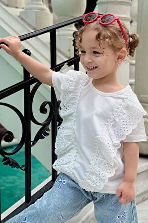 Breeze Kız Çocuk Tişört Güpürlü Çiçekleri Nakışlı 1.5-5 Yaş, Beyaz