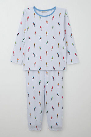 Breeze Erkek Çocuk Pijama Takımı Renkli Papağan Desenli 4-8 Yaş, Buz Mavisi
