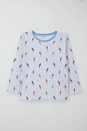 Breeze Erkek Çocuk Pijama Takımı Renkli Papağan Desenli 4-8 Yaş, Buz Mavisi