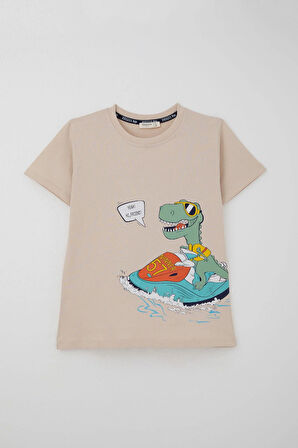 Breeze Erkek Çocuk Şortlu Takım Jetski Tutkunu Havalı Dinozor Baskılı 5-9 Yaş, Bej