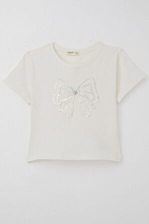 Breeze Kız Çocuk Crop Tişört Fiyonk Arma Aksesuarlı 9-14 Yaş, Ekru