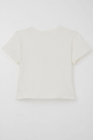 Breeze Kız Çocuk Crop Tişört Fiyonk Arma Aksesuarlı 9-14 Yaş, Ekru